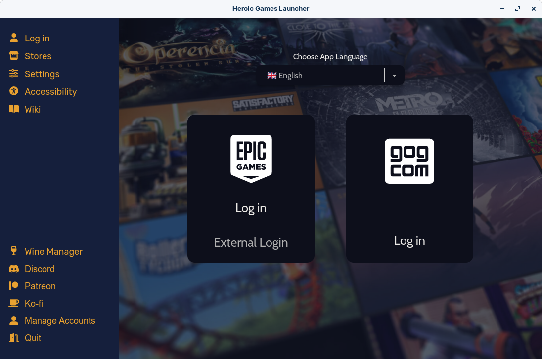 Login prompt for Epic Games and GOG accounts in Heroic Games Launcher