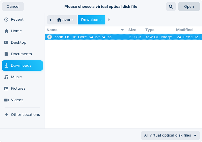 VirtualBox select Zorin OS .iso file