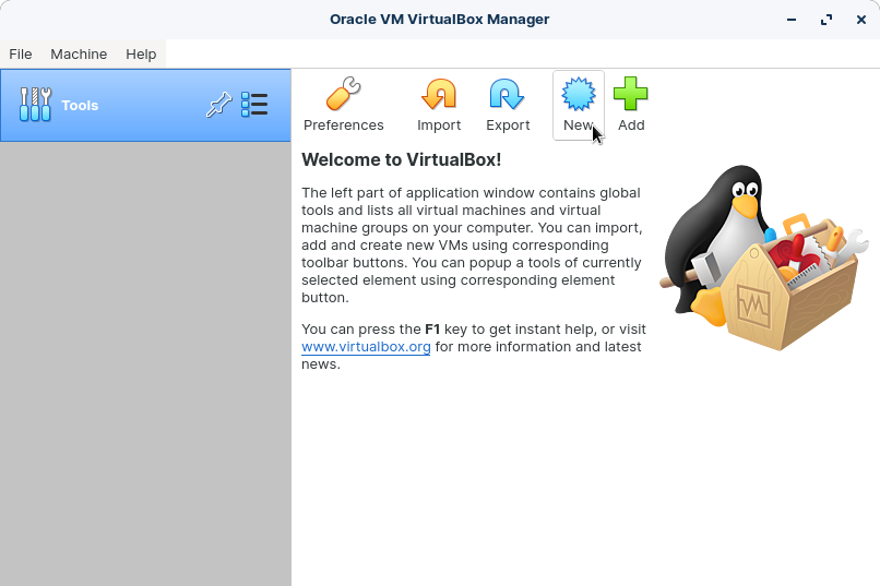 VirtualBox start screen