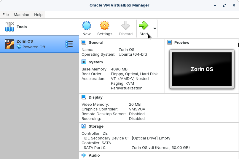 VirtualBox start