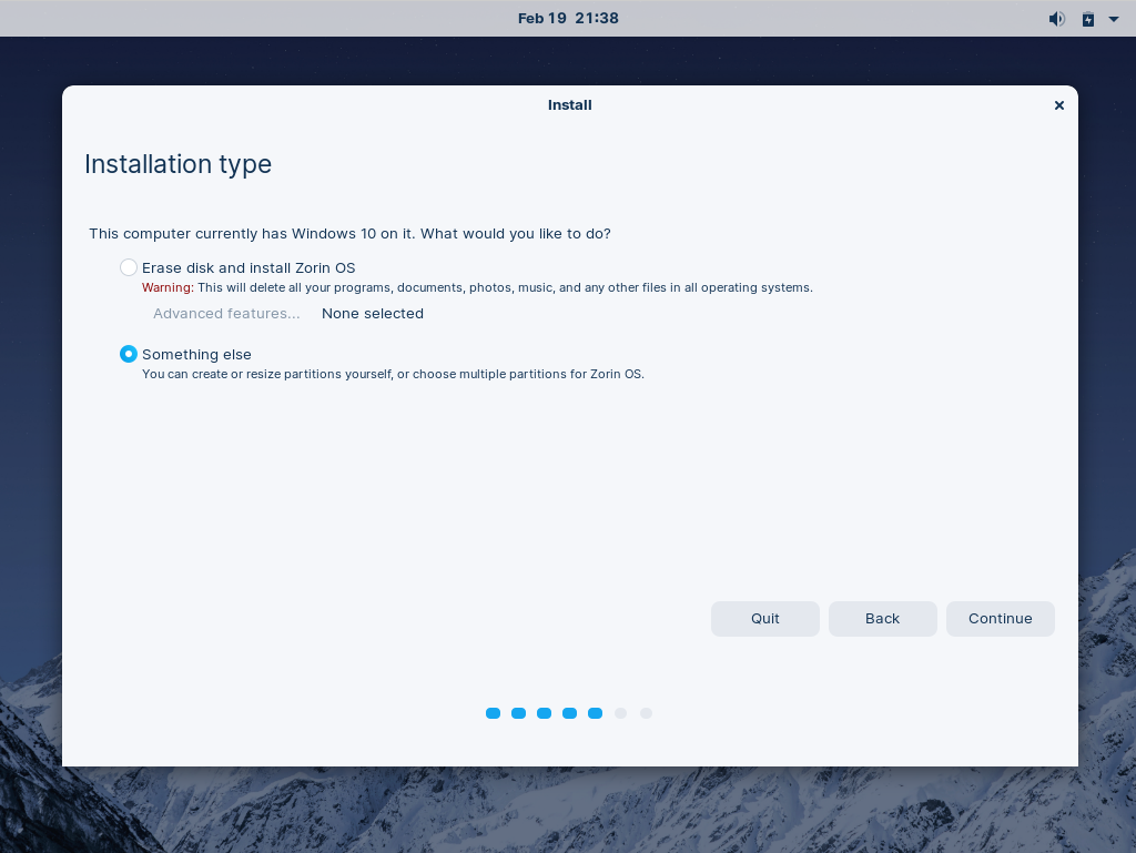 Installation type step of the installer