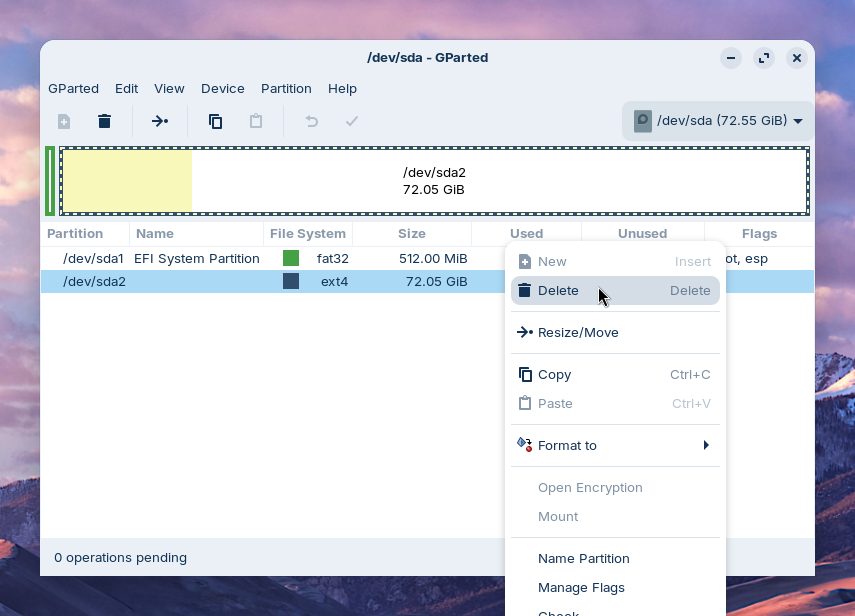 Deleting ext4 partition in GParted