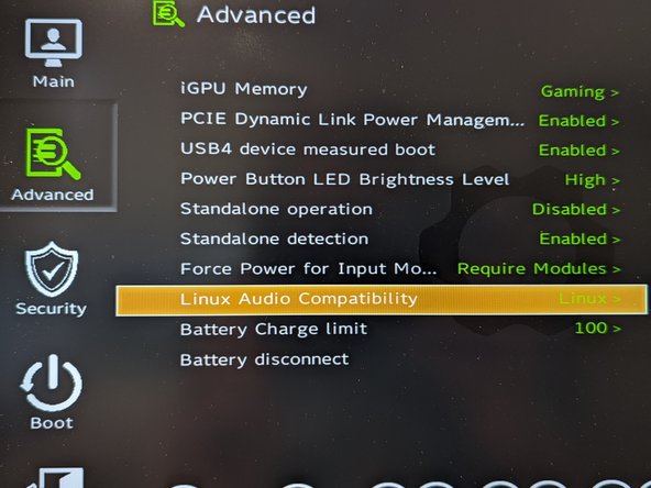 Linux Audio Compatibility setting in the BIOS settings screen