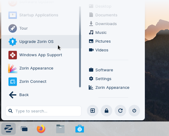 Upgrade Zorin OS in the Zorin Menu