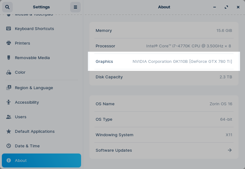 Settings About panel