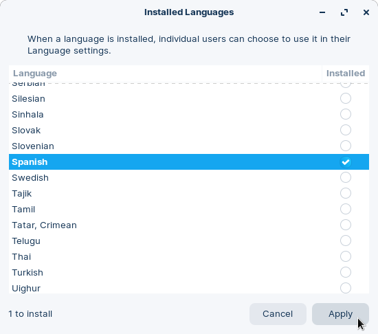 Marking the language you wish to install