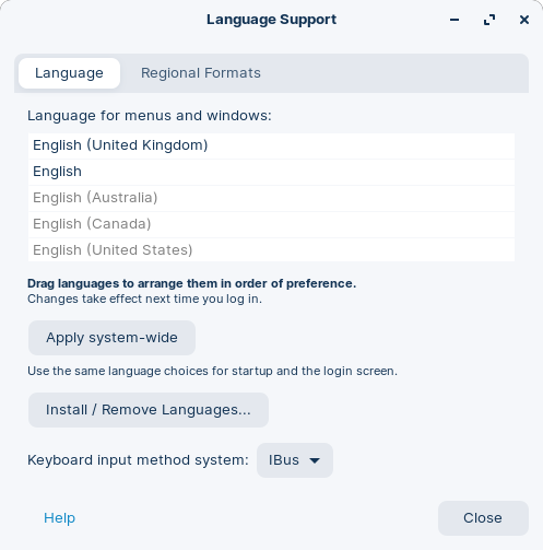 Language Support settings