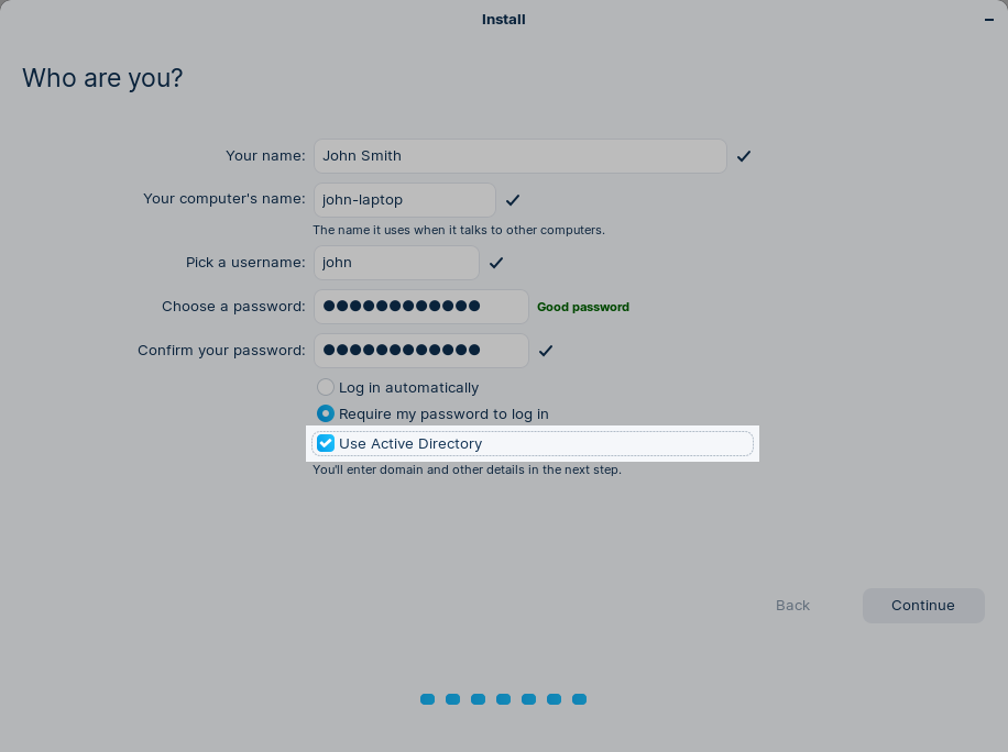 Use Active Directory checkbox