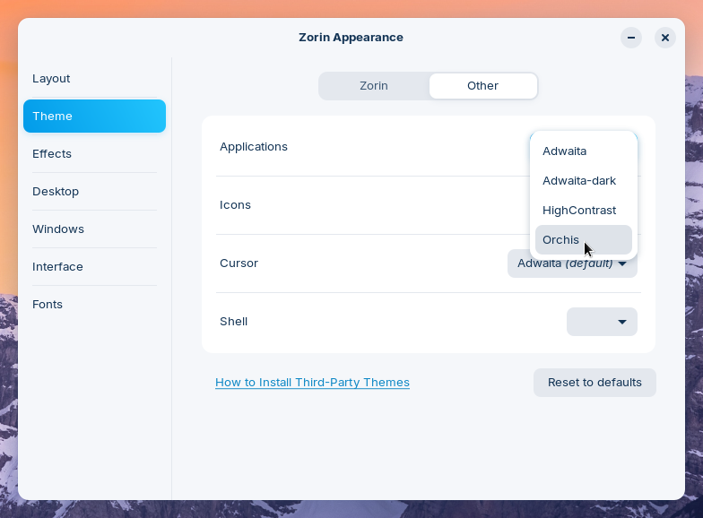 Selecting the third-party theme in Zorin Appearance
